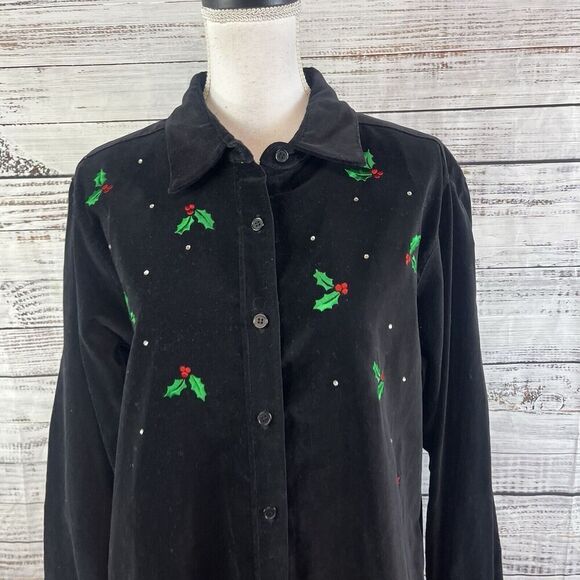 The Quacker Factory Shacket Jacket size Large Black Velvet Candy Canes Christmas - Picture 3 of 11